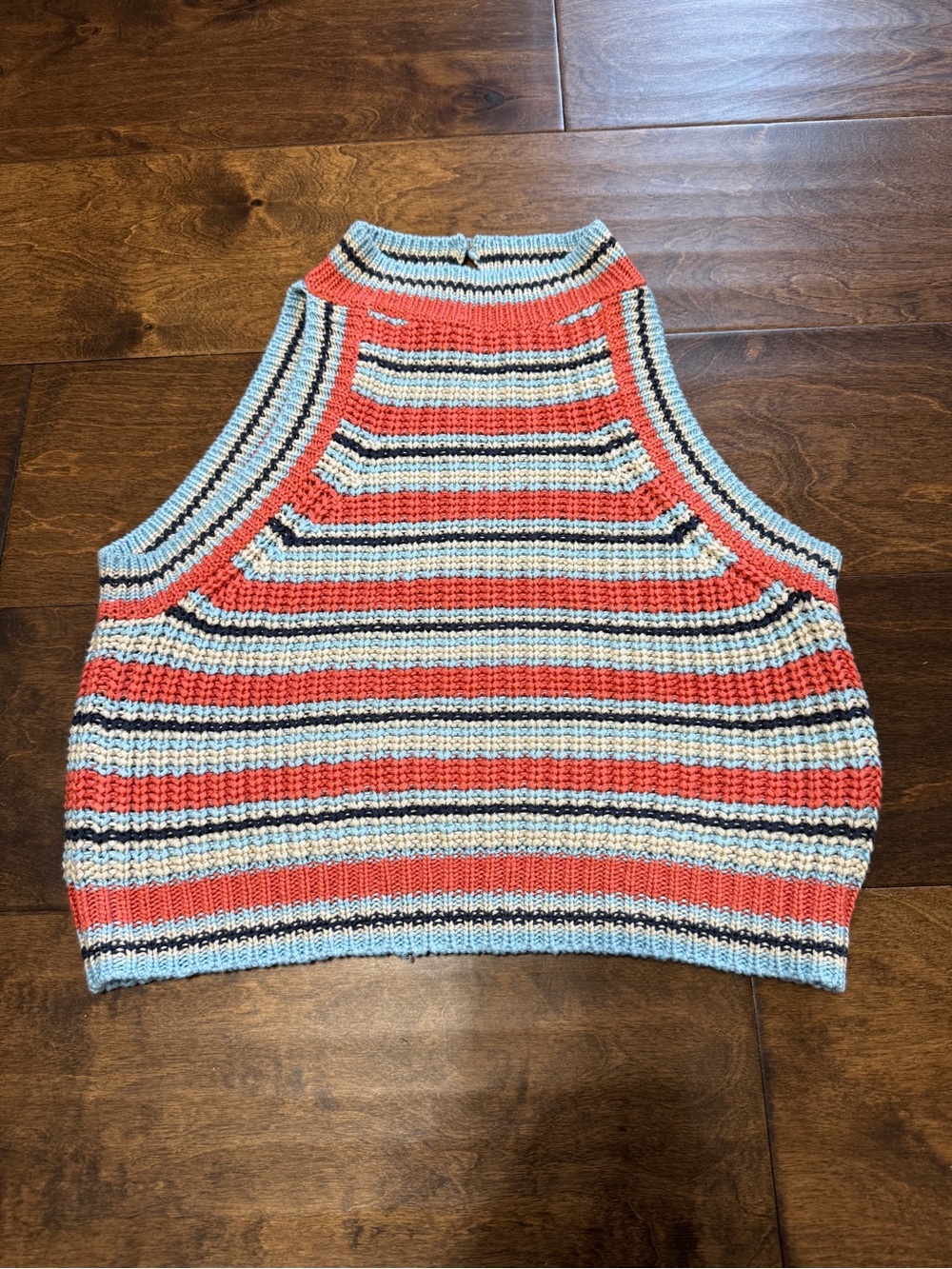 Taylor & Sage Cropped Striped Knit Tank - Coral, Light Blue & Black